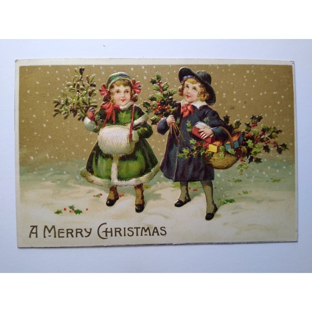 Vintage Embossed Christmas Postcard 1911 Children Snow Holly Gifts Printed